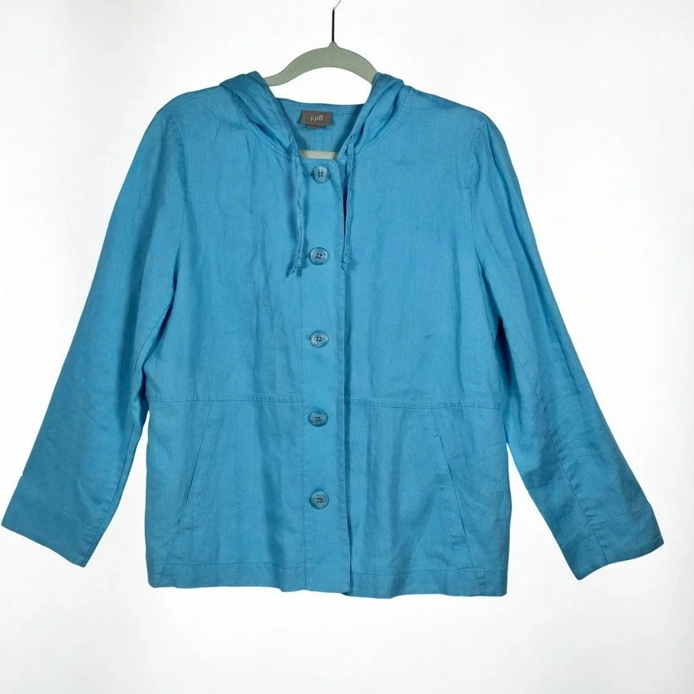J Jill Petite‎ Linen Hooded Button Front Jacket Woman Small Blue Lightweight